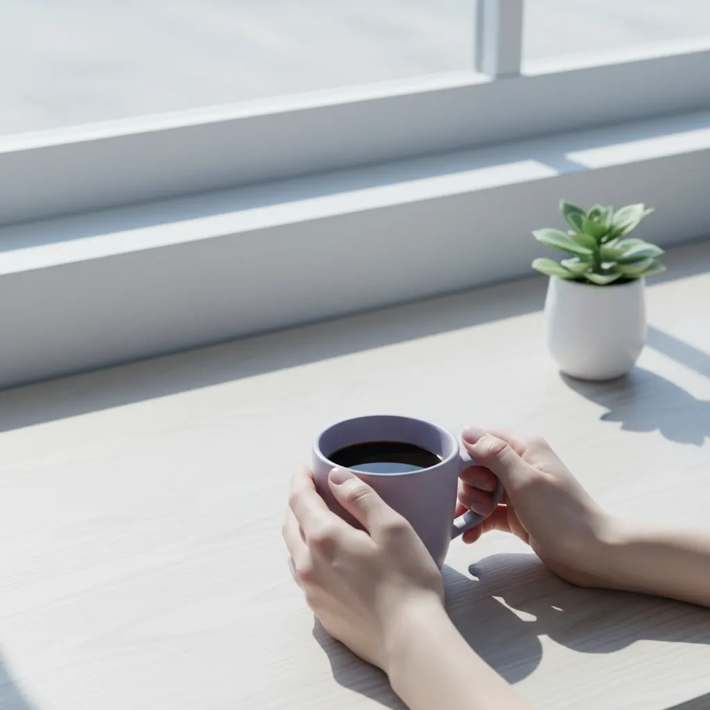 Morning coffee ritual with botanical supplement ingredients on a wooden desk