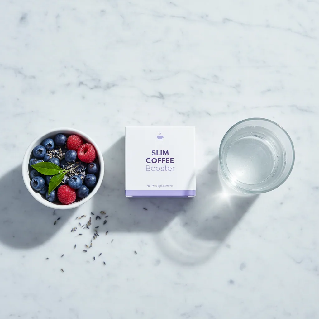 Slim Coffee Booster supplement box on a marble surface next to a glass of water and fresh berries